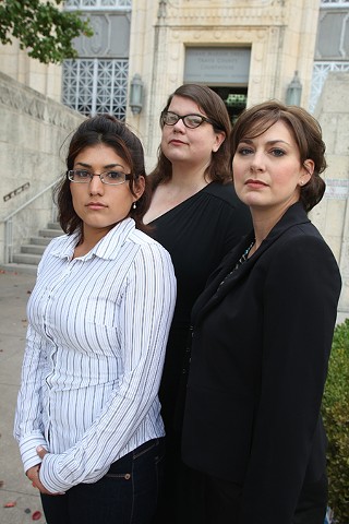 Esther Valdez (l), who is deaf, was charged with resisting arrest because she didn't hear a police officer's order; her attorney, Alexandra Gauthier (center), won a dismissal of the charge. Attorney Amber D. Farrelly Elliott (r) says APD has a history of missteps with deaf residents.