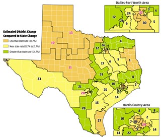 This map shows the relative rates of population growth in each of Texas’ current congressional districts, as estimated in U.S. Census and state reports, across the state: less than average (orange), average (yellow), and greater than average (green). The greatest growth is in the urban or urbanizing corridors along I-35 and across to Houston, yet not necessarily in the urban cores (see insets).