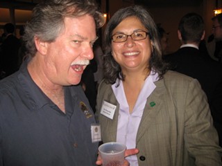 Chip McElroy of Austin's Live Oak Brewing chats with Houston Rep. Jessica Farrar, author of HB 602, at Saengerrunde Hall Wednesday night.