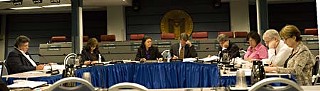 AISD Superintendent Meria Carstarphen (center), flanked by the board of trustees