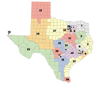 Could a map endorsed by a group with
tea party connections also make liberal Austin happy? This suggested redrawing of Texas' congressional districts would probably return U.S. Rep. Lloyd Doggett to representing most of Austin, and may also satisfy Voting Rights Act requirements.