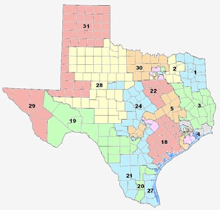 Kel Seliger's proposed Senate map would divide Travis County four ways. Click on the image to see the statewide map and the current Travis districts.