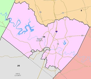 Kel Seliger's proposed Senate map would divide Travis County four ways. Click on the image to see the statewide map and the current Travis districts.