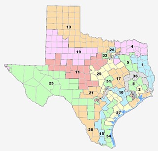 The proposed congressional redistricting map. Dist. 35, unmarked, is the gray district running from east Austin down I-35 to San Antonio.