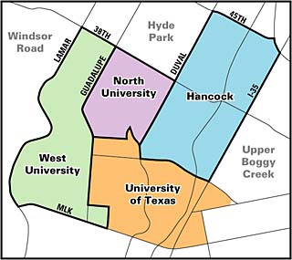 The Central Austin combined effort covers three neighborhood planning areas, which themselves include six registered NAs. The adjacent Hyde Park and Upper Boggy Creek neighborhood plans were adopted in 2001 and 2002; Windsor Road, to the west, has yet to begin planning.