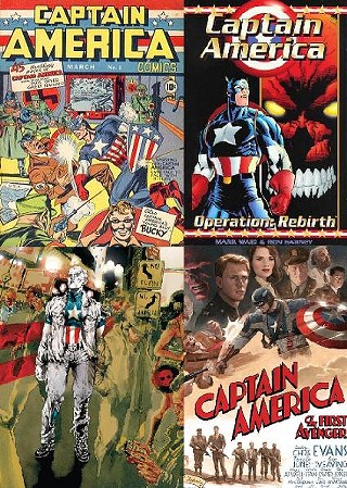 The many ages of Captain America: His first appearance in Captain America Comics #1, Mark Waid's first run, his return for Man out of Time, and Cap's latest big screen outing, Captain America: The First Avenger