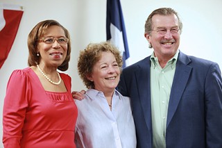 Tax Assessor-Collector Nelda Wells Spears (l), with predecessors Cecilia Burke and Bill Aleshire, at her July 29 press conference