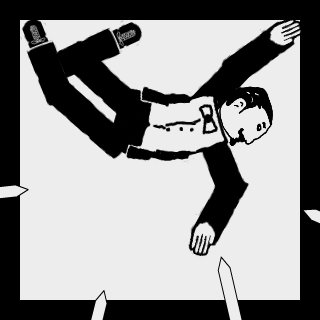 Good thing he can float like that. Too bad he's stuck in a box being poked with swords.