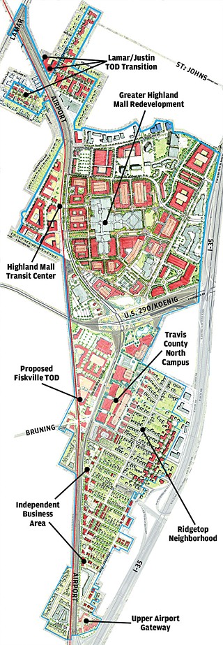 Pictured here is the south end of the proposed Fiskville transit-oriented development, with a new MetroRail station at left.