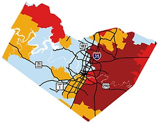 Teen Birthrate Travis County: Travis County's teen pregnancy rate runs highest in areas east of I-35, while areas ranking above the U.S. average are more widely spread throughout the county. Areas higher than the Texas average show the greatest concentration in northwest Travis County.