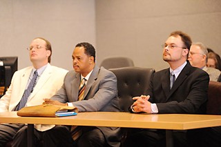 Michael Scott (l-r), his lawyer, and Robert Springsteen during a hearing dismissing their case on Oct. 28, 2009.