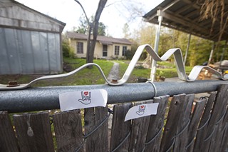 Friends show their love for Esme Barrera with stickers like this one, created by Charlie Chauvin, posted outside her King Street home. Barrera was murdered in her home Jan. 1. See “<b><a href=http://www.austinchronicle.com/news/2012-01-13/excited-about-life/>Excited About Life</a></b>.”