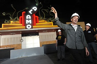 Tim League (c) with Executive Chef John Bullington (l) and beverge director Bill Norris (r) at the Alamo Slaughter Lane
