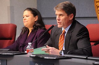 Superintendent Meria Carstarphen (l) and Mark Williams at a December 2011 AISD board meeting: Punting on worker representation then, punting on worker representation now
