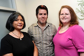 Austin Gay and Lesbian Chamber of Commerce members Ceci Gratias (l), Jimmy Flannigan, and Amy R. Cook
