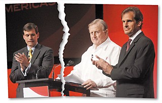 Before their relationship began to publicly unravel, (l-r) Tavo Hellmund, Red McCombs, and Bobby Epstein appeared together at an April 2011 press conference for the unveiling of the Circuit of the Americas name.