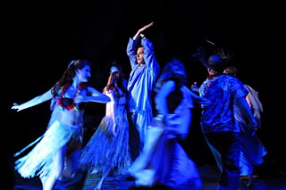 This time the dream's on me: Mark Stewart (center) and the cast of the 2002 production of <i>Seven Wonders of the World (Plus One)</i>