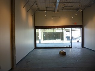 Looking up the breezeway toward the Canopy's Buildings 2 and 1, from the front of the designated cafe space in Building 3