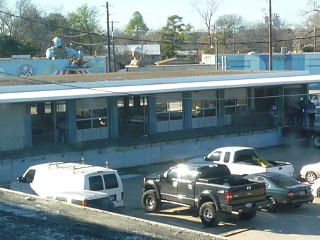 Looking up the breezeway toward the Canopy's Buildings 2 and 1, from the front of the designated cafe space in Building 3