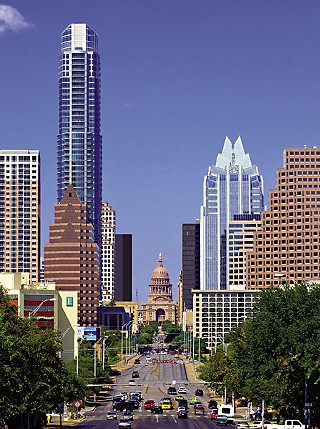 The Downtown Austin Alliance's mock-up of the north-facing view of the Capitol if the proposed hotel (depicted as the dark tower left of the Capitol) is allowed a setback variance