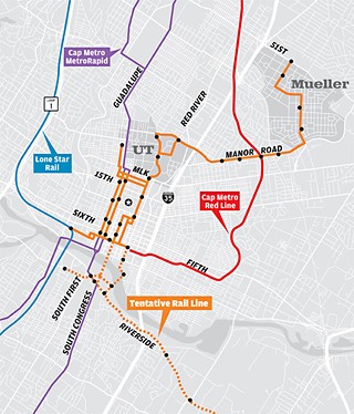 <b>Austin Urban Rail:</b> Local and regional officials are floating several map variations for Austin's multimodal future. This is a hybrid version, showing both the Mueller spur, the north/south routes along Guadalupe/Lavaca, and – with less near-future certainty – a rail line running south of Lady Bird Lake.