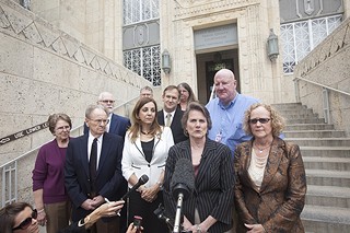 Attorney Betty Blackwell and other lawyers shown here outside the courthouse are among 172 attorneys who have signed a petition in support of D.A. Rosemary Lehmberg.