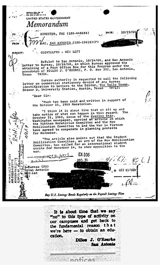 Memo to Hoover proposing letter to<i> The Daily Texan</i> by supposed student Dillon J. O'Rourke – published Nov. 11, 1969.