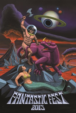 Johnny Sampson's poster for Fantastic Fest 2013 (complete with tip o' the axe to Robert Rodriguez's favorite artist, Frank Frazetta)