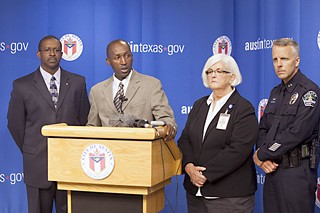 City Manager Marc Ott announces Monday he'll ask the U.S. Dept. of Justice to investigate Austin police procedures in the wake of the July 26 shooting death of Eugene Jackson. Ott is joined by Assistant City Manager Michael McDonald (l), Police Monitor Margo Frasier, and Assistant Chief Brian Manley.