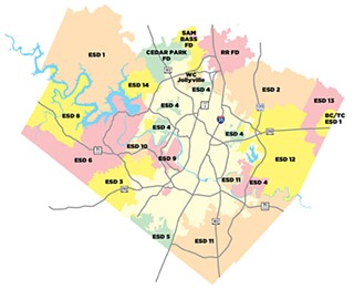 Map shows existing 14 Emergency Service District boundaries, as well as neighboring emergency jurisdictions (Williamson County, Cedar Park, Round Rock, Sam Bass, Bastrop County). First responders in each ESD are generally emergency-trained firefighters, complemented by Austin-Travis County Emergency Medical Services personnel with more advanced training and equipment.