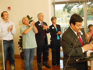 Travis Co. Attorney David Escamilla with (l-r) Andy Brown, Kirk Watson, Lloyd Doggett, Ellen Richards