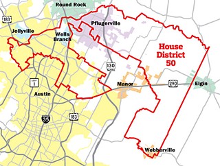 An angry lobster? House District 50 incorporates parts of Austin, Manor, Jollyville, Elgin, Pflugerville, Round Rock, Webberville, and Wells Branch.