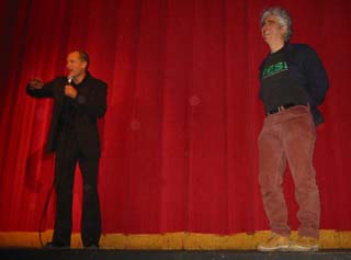 Woody Harrelson (l) and Ron Mann field audience questions at Friday night's world premiere of <i>Go Further</i>.