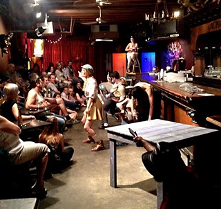 Killin' it in the saloon: Elizabeth Doss (l) and the cast of <i>Murder Ballad Murder Mystery</i>
