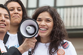 Actress and Voto Latino co-chair America Ferrera speaks Wednesday at an immigration reform rally at UT in response to a controversial catch an illegal immigrant game, which organizing group Young Conservatives of Texas canceled after widespread outrage.