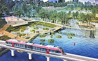 A rendering of the rail approach to Fantasy Island, showing the Promenade and water approaches