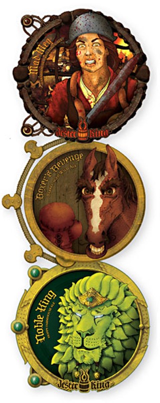 Josh Cockrell's Jester King label art: Mad Meg, Boxer's Revenge, and Noble King
