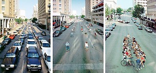The Austin version of the space required to accommodate the same number of people in cars, on foot, or on bicycles.