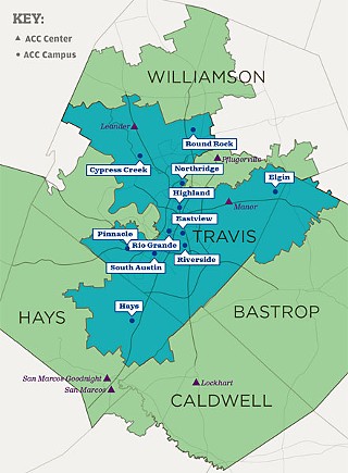 ACC's taxing district includes Austin ISD, the City of Austin (including portions of Eanes and Pflugerville ISDs), plus Del Valle, Elgin, Hays, Leander, Manor, and Round Rock ISDs. Residents in these areas receive an in-district tuition rate in exchange for contributing to the tax base. ACC's service area also extends to counties beyond the taxing district.