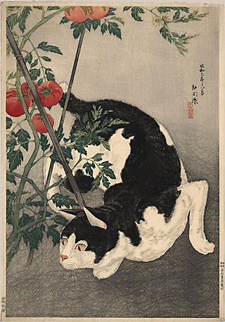 <i>Cat Prowling Around a Staked Tomato Plant</i> (1931) by Takahashi Hiroaki (Shotei)