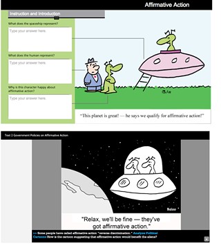 Reviewers say this cartoon, found in Texas social studies textbooks, ideologically equates beneficiaries of affirmative action with being less than human or