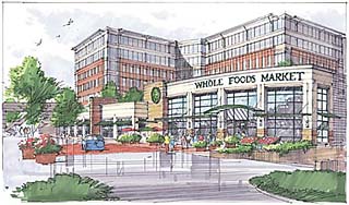 Artist rendering of the proposed Sixth + Lamar project, viewed from the intersection of those two streets