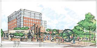 Artist rendering of the proposed Sixth + Lamar project, viewed from the intersection of those two streets
