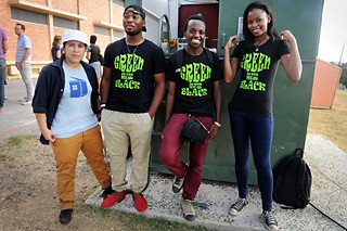 Angelica Jelly Erazo (l), Michael Meek Esuruoso, Charles Tuyishime, and Jena Hill of Green Is the New Black at the Dumpster Project in September
