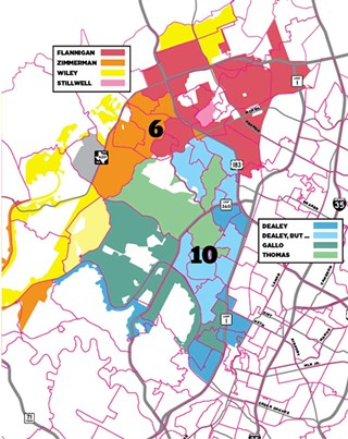 D10: Dealey won the most votes, and 19 of the 28 precincts, but ominously, in 10 of those (light blue) she ran behind the combined total of Gallo and the two Republicans – Matt Lamon and Bill Worsham – who’ve endorsed her.  And if you add in Robert Thomas, the combined vote of the four Republicans behind Dealey split some 54.5% of the total vote.