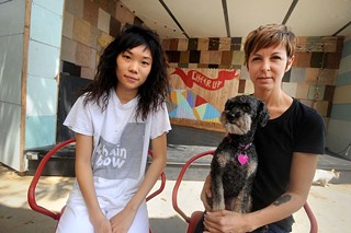 Cheer Up Charlie's owners Maggie Lea (l) and Tamara Hoover with the bar's namesake, in happier times