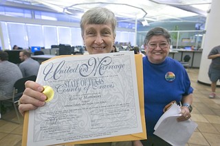 Jackie Lynne Roberts and Carmelita Cabello receive a marriage license at the Travis County Clerk's office