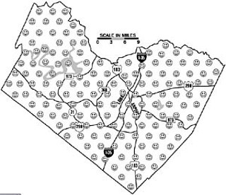 Miles of Smiles: The current fracas over three different proposed Wal-Mart Supercenters in South Austin may have left you wondering: How many Wal-Marts can one town support? In a town hall meeting earlier this year, a Wal-Mart spokeswoman told concerned Austinites that the Beast from Bentonville envisions a store every three miles. Assuming that means a 9-square-mile trade area, that means 30 Wal-Marts in the Austin city limits -- right now, there are only four -- and nearly 100 in Travis Co. It would look something like this …