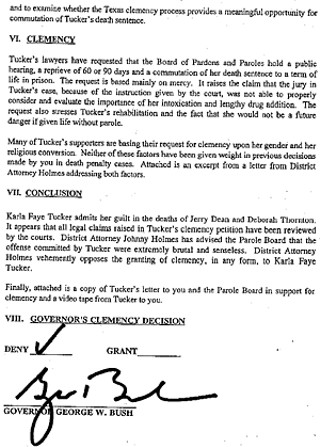 Excerpt from clemency memo from General Counsel Al Gonzales to Gov. Bush showing Bush's decision to deny clemency to Karla Faye Tucker