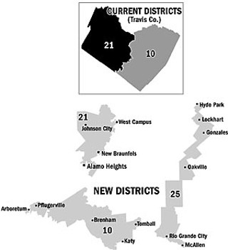 Travis Co.'s old, grossly gerrymandered congressional districts (top) become new, compact districts after Republican liberation (bottom).